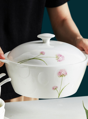 骨瓷汤盆陶瓷家用双耳防烫易端带盖大碗菜盆大汤碗羹汤品锅