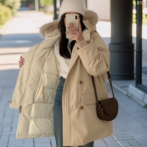 90白鸭绒加厚宽松羽绒服女重工毛领连帽派克外套女