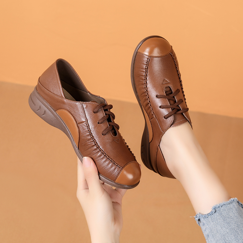 舒适平底妈妈鞋真皮软皮拼色女鞋