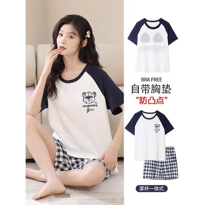 带胸垫睡衣女款夏季2025新款夏天素净薄款短袖纯棉女士家居服套装