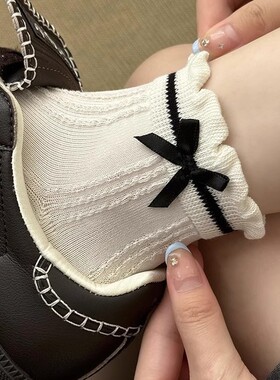 蝴蝶结袜子女短袜纯棉春夏季薄款白色日系芭蕾风蕾丝花边配小皮鞋