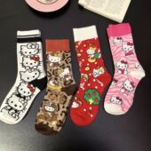 豹纹猫咪凯蒂可爱袜子少女动漫中筒卡通图案秋冬潮袜AB款 堆堆袜潮