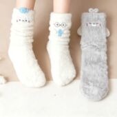 立体卡通白色小海豹毛绒袜子女中筒冬季 保暖居家地板袜ins堆堆袜