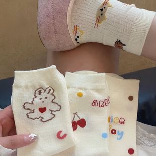 袜子女夏季 ins潮 可爱卡通猫咪小熊网眼袜薄款 满印字母中筒袜韩版