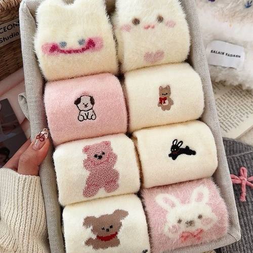 秋冬水貂绒袜子女中筒袜可爱卡通