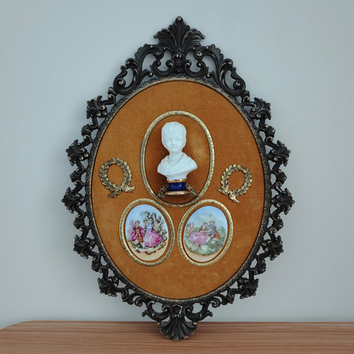 西洋收藏品 意大利手工雕刻陶瓷人偶镂空金属挂画 欧式复古装饰画