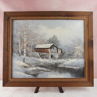 西洋收藏品 美国艺术家手绘冬季雪景油画 复古居家装饰挂画摆件