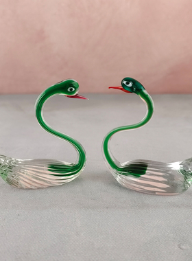 西洋收藏品意大利手工制作水晶玻璃天鹅一对欧式居家装饰中古摆件