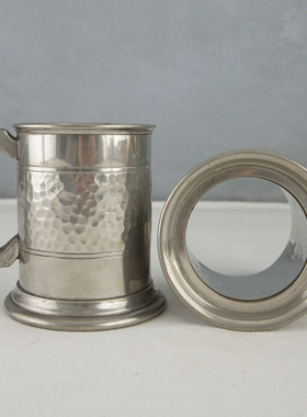 西洋收藏品 英国手工制作底部透明玻璃锡合金马克杯酒杯 杯子摆件