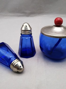 西洋古董收藏 手工制作玻璃盐瓶胡椒瓶一套 餐厅厨房调料瓶摆件