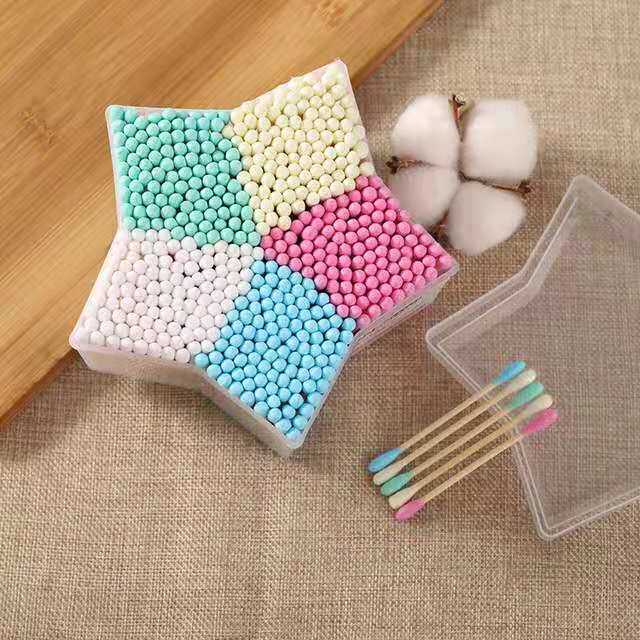 [COLOR COTTON SWABS] CREATIVE BOXED FIVE-COLOR 500 DOUBLE-ENDED DISPOSABLE WOODEN STICK COTTON SWABS TO REMOVE MAKEUP AND EAR CLEANING COTTON SWABS