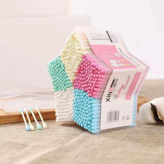 [COLOR COTTON SWABS] CREATIVE BOXED FIVE-COLOR 500 DOUBLE-ENDED DISPOSABLE WOODEN STICK COTTON SWABS TO REMOVE MAKEUP AND EAR CLEANING COTTON SWABS