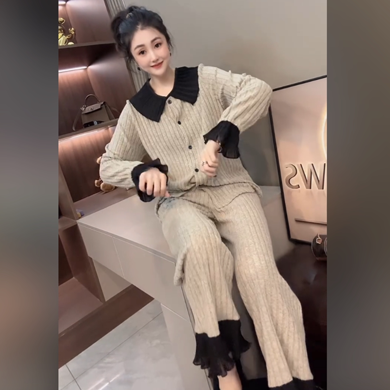 网红荷叶领睡衣女秋冬新款气质减龄甜美飞边长袖长裤家居服套装潮