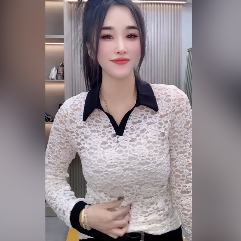 2025秋上新白色蕾丝上衣女时尚简约翻领长袖打底衫休闲舒适百搭潮