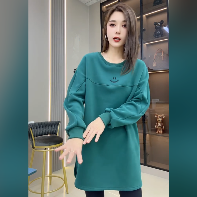 2025秋冬新款刺绣笑脸字母加绒加厚卫衣女宽松中长款开叉上衣时尚
