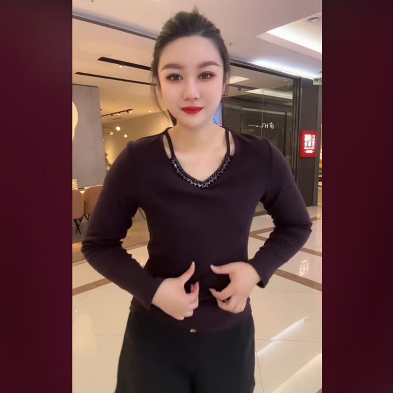 轻奢水钻V领长袖T恤女装2025秋冬新款微胖mm小衫高级感上衣打底衫