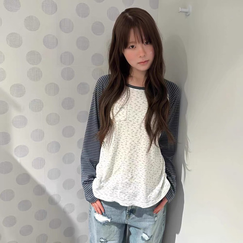 2026秋季新款韩系甜美碎花拼接条纹插肩长袖t恤女宽松松弛感上衣