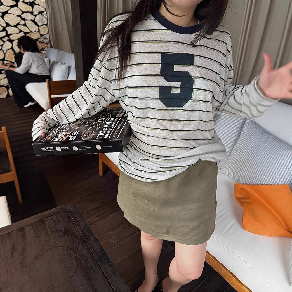 韩国小众潮牌2025春夏新款数字5字印花圆领拼色领条纹长袖T恤女