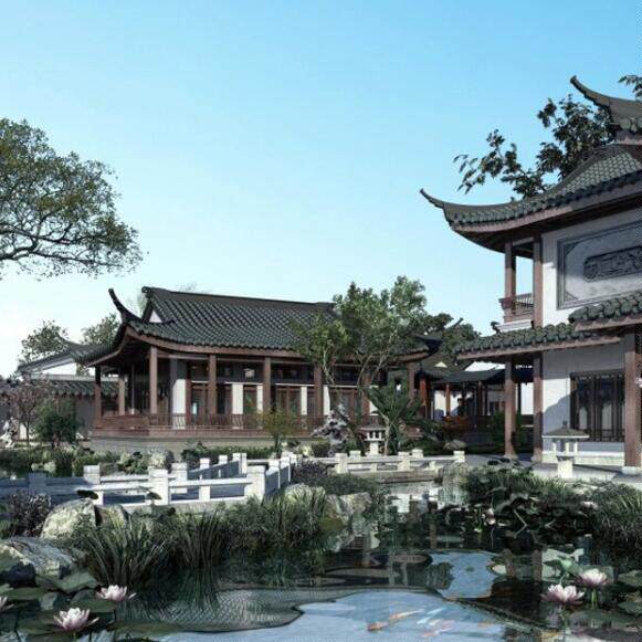 中式仿古建筑苏州园林式酒店别墅会所鱼池亭廊轩榭草图大师su模型