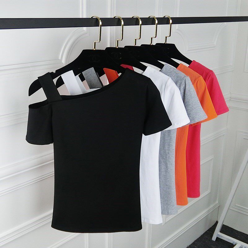 漏肩裝韓版吊帶露肩單肩斜肩性感緊身t恤女短袖夏裝棉修身上衣在類目 女裝/女士精品, T恤中 - 來自Buy2taobao.com提供專業的淘寶代購服務