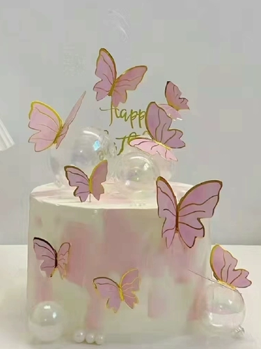 Розовая бабочка для украшения торта, фиолетовый золотой край, имитация бабочки, фантомный шар, фон, день рождения, десертный стол, флаг