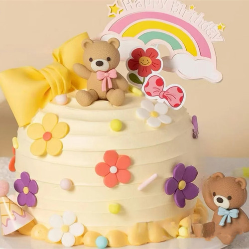 网红可爱卡通蝴蝶结小熊花朵蛋糕装饰摆件彩虹儿童情人节生日公仔