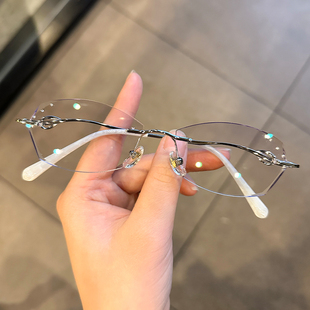 渐进染色无框切边近视眼镜女可配有度数素颜变色眼睛框超轻镜架女