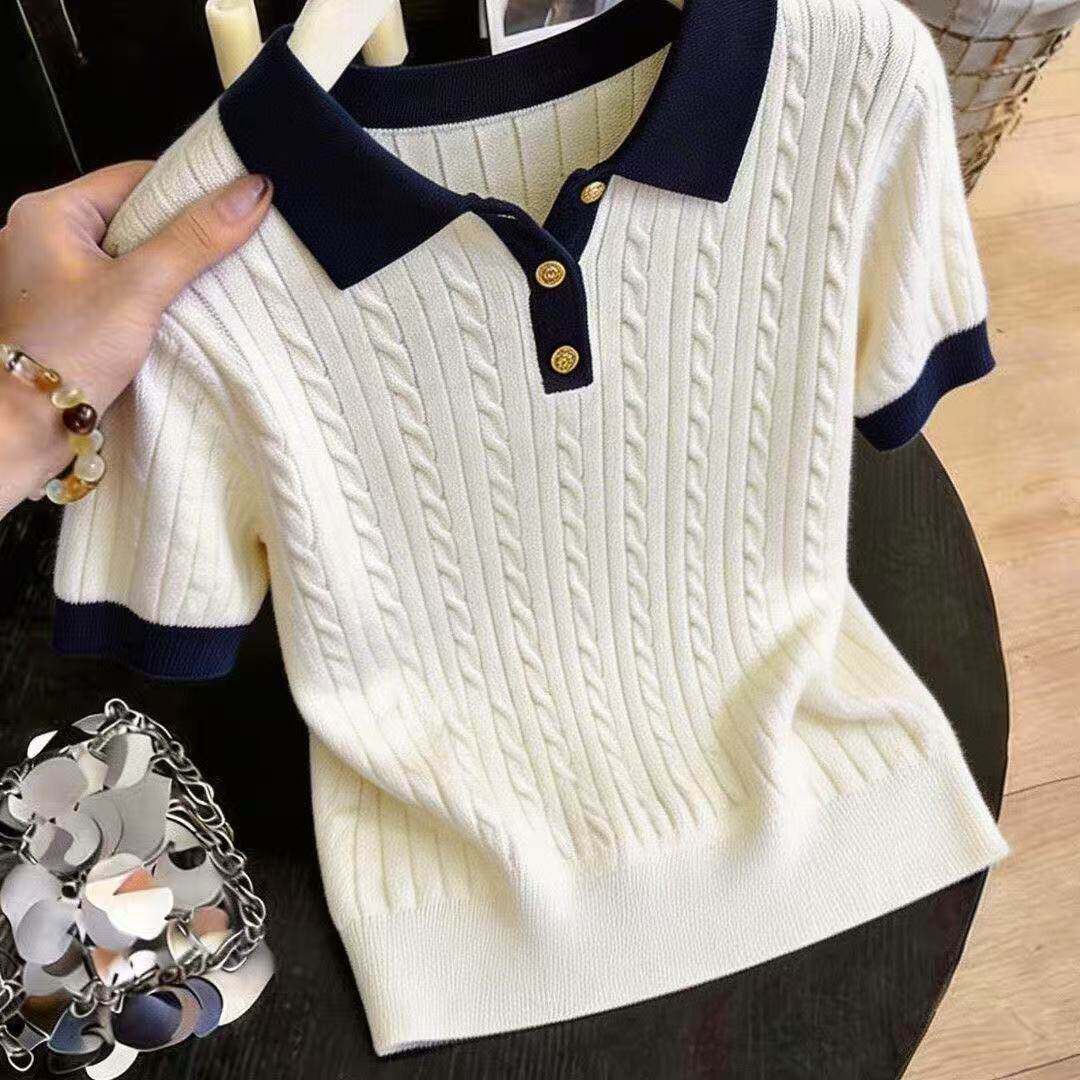 韩系冰丝polo衫t恤女夏季薄款小个子麻花针织短袖短款翻领上衣