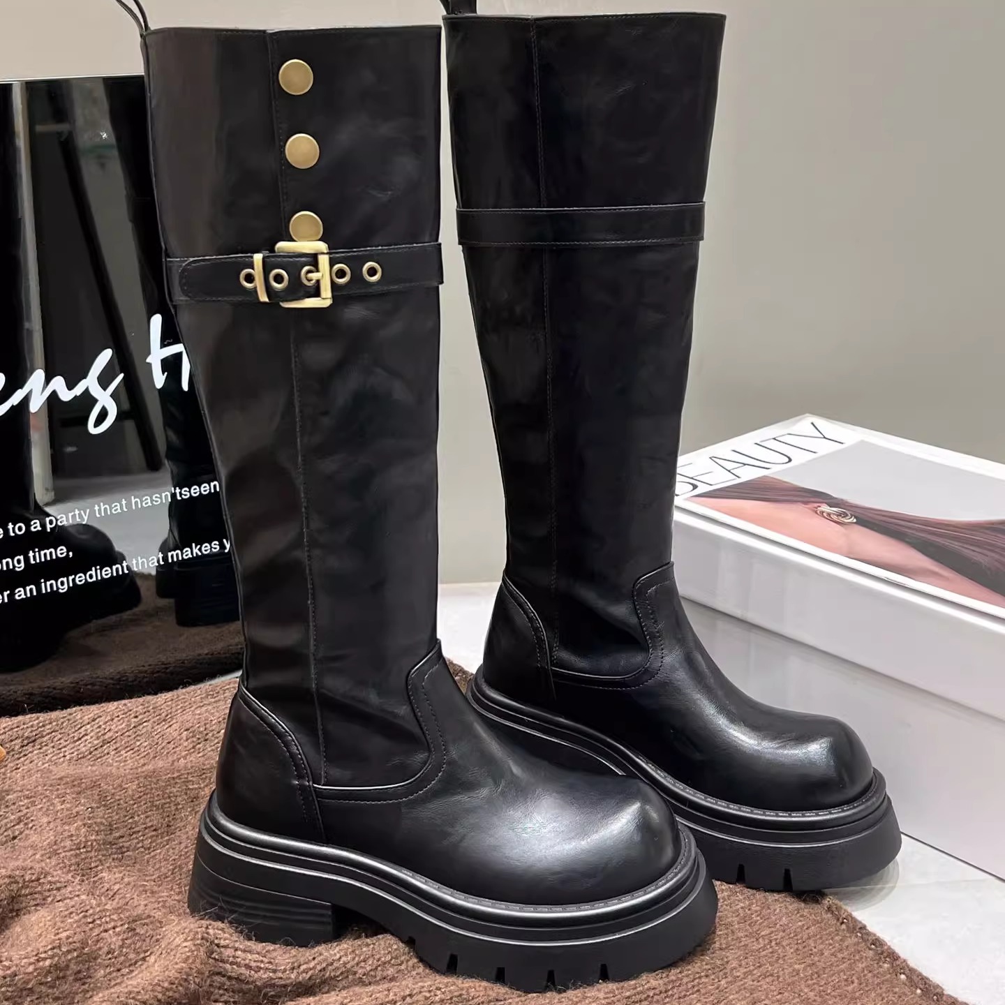 复古真皮厚底增高高筒时尚瘦瘦靴