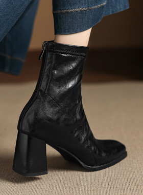 ladyblack粗高跟后拉链短靴女秋冬大码弹力软底瘦瘦靴33大码41-43