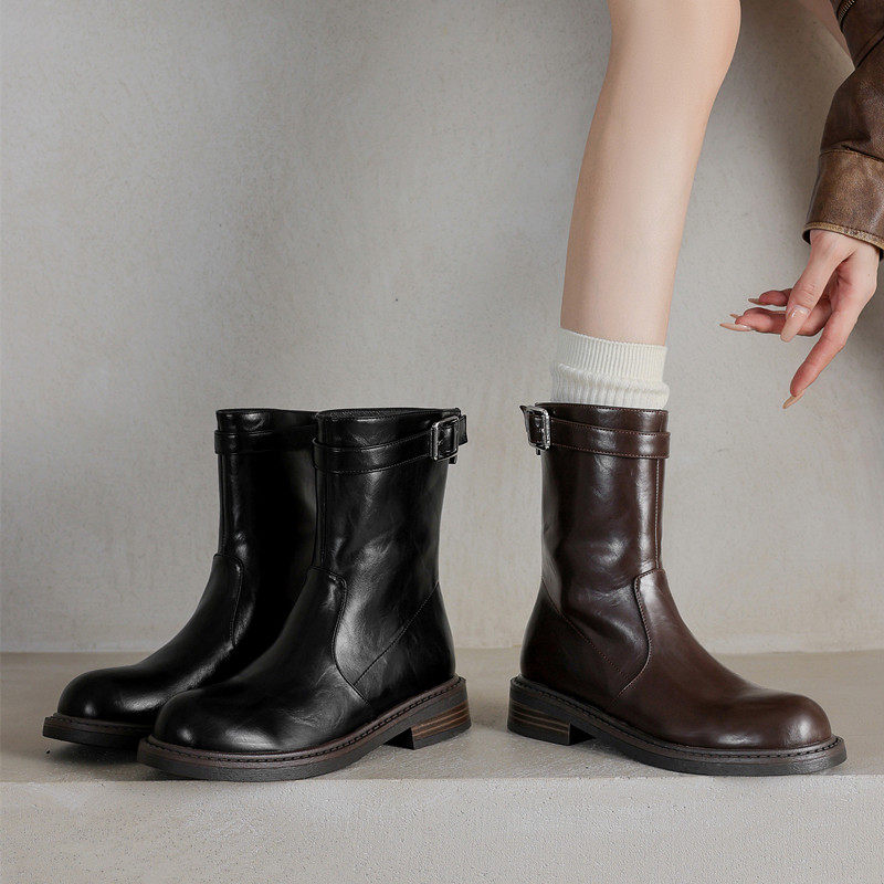 ladyblack 后拉链圆头显瘦短靴女厚底中跟复古马丁单靴大码404142,女鞋,马丁靴,淘宝优惠券,粉丝福利购,淘宝优惠卷