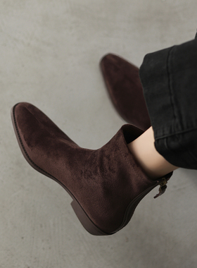 ladyblack 气质麂皮弹力短靴女粗跟百搭后拉链瘦瘦靴秋冬大码4142