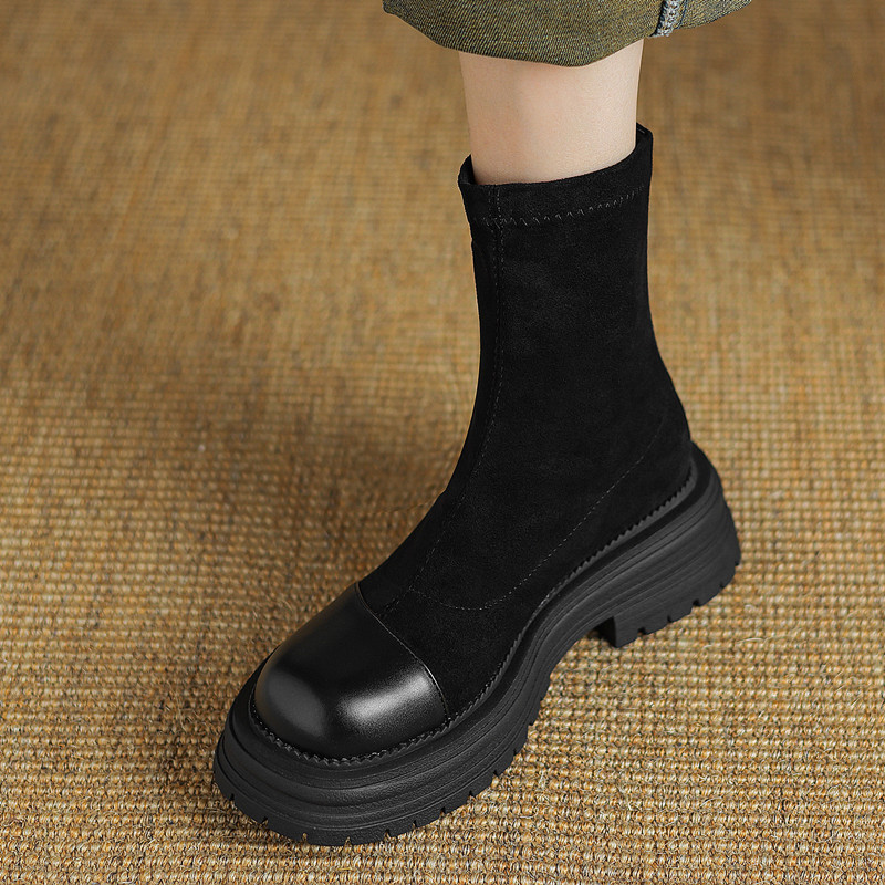 后拉链绒面拼接弹力瘦瘦短靴女