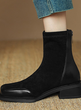 ladyblack3340大小码41-43方头显瘦后拉链拼接绒面短靴女秋弹力靴