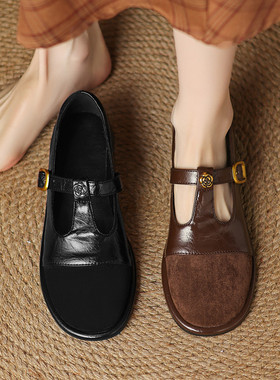 ladyblack低跟一字扣带拼色浅口玛丽珍单鞋女大码3340小皮鞋41-43