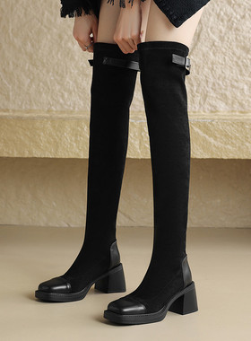 ladyblack粗高跟方头绒面拼接弹力瘦瘦过膝长靴女冬3340大码41-43