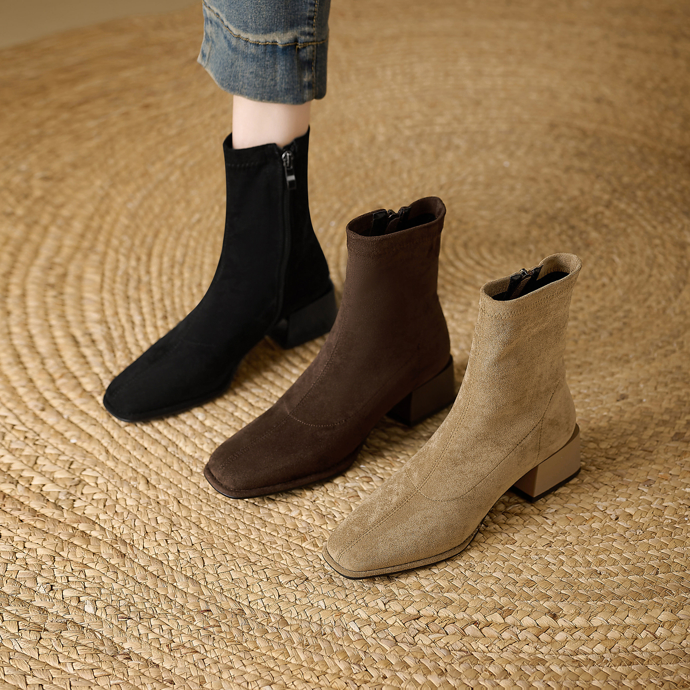 ladyblack 绒面弹力短靴女粗中跟方头侧拉链瘦瘦靴秋冬百搭单靴子,女鞋,弹力靴/袜靴,淘宝优惠券,粉丝福利购,淘宝优惠卷