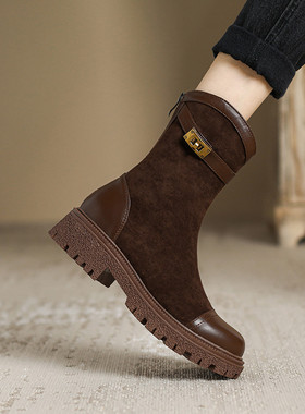 ladyblack厚底防水台中跟显瘦绒面拼接后拉链短靴女3340大码41-43