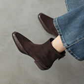 ladyblack 磨砂牛皮方头粗中跟短靴女秋冬后拉链大码 瘦瘦靴404142