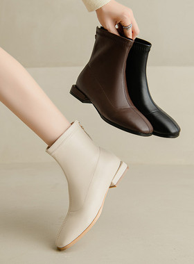 ladyblack 粗低跟简约瘦瘦后拉链方头弹力短靴女大码单靴子414243