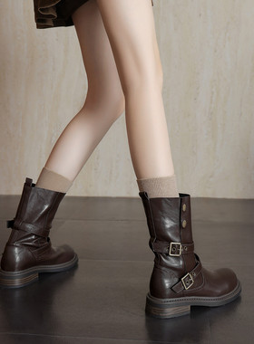 ladyblack超软粗中跟皮带扣两穿骑士靴子秋冬大码帅气短靴女41-43