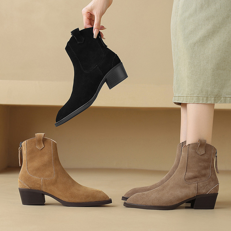 后拉链磨砂短靴女秋冬中跟单靴子