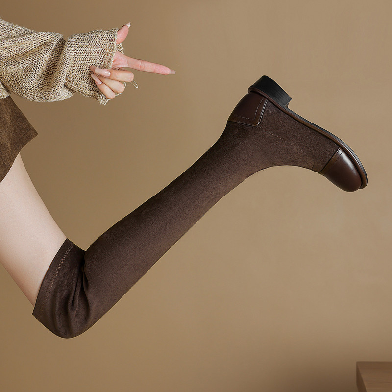 拼接弹力瘦瘦过膝靴粗中跟靴女