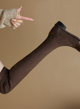 ladyblack3340大小码41-43秋冬绒面拼接弹力瘦瘦过膝靴粗中跟靴女