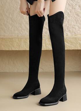 laydblack3340大码子41-43粗高跟显瘦绒面弹力瘦瘦弹力过膝长靴女