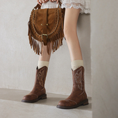 ladyblack刺绣圆头后拉链短靴女粗中跟厚底骑士西部靴大码 子41