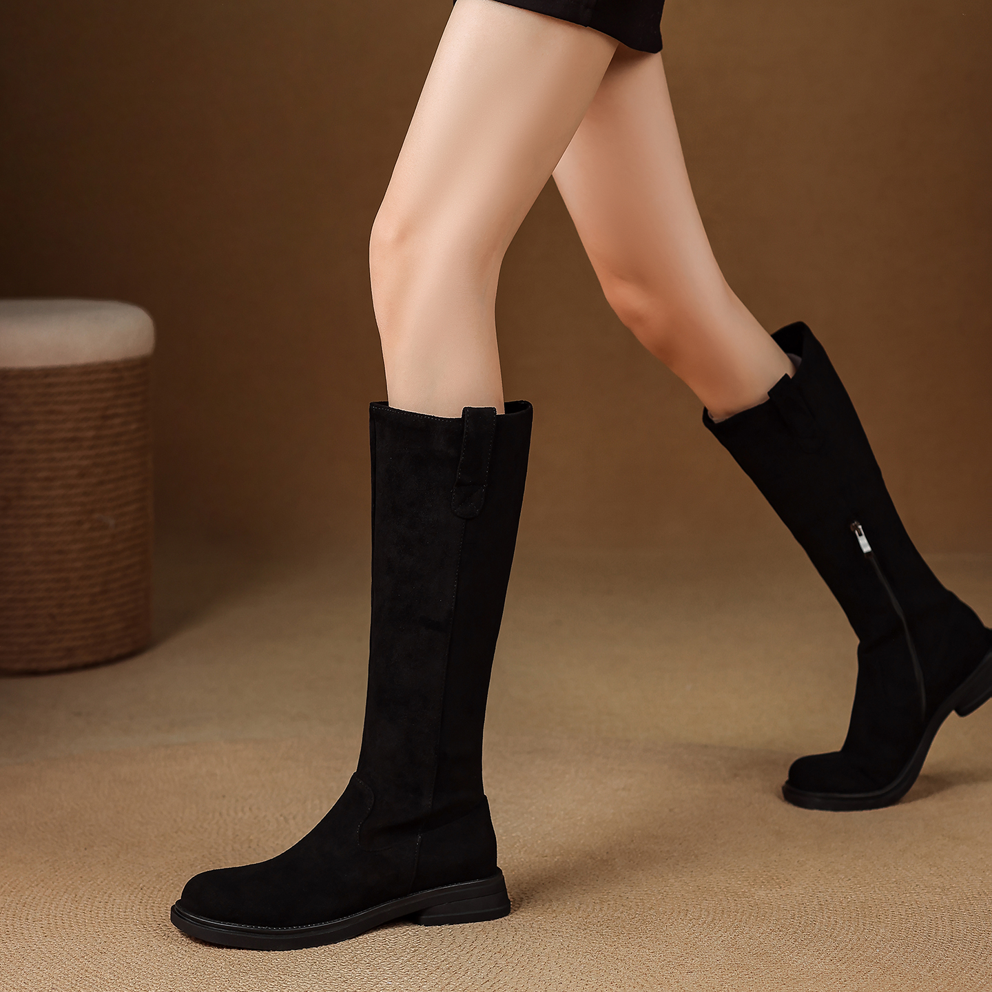 低跟软底侧拉链高筒骑士靴女冬