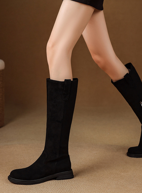 ladyblack低跟软底侧拉链高筒骑士靴女冬大码绒面复古长靴子41-43