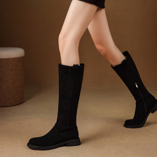 ladyblack低跟软底侧拉链高筒骑士靴女冬大码 绒面复古长靴子41