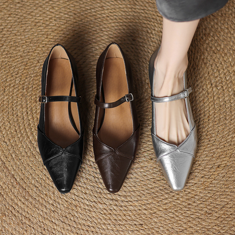 粗低跟尖头一字扣带玛丽珍单鞋女